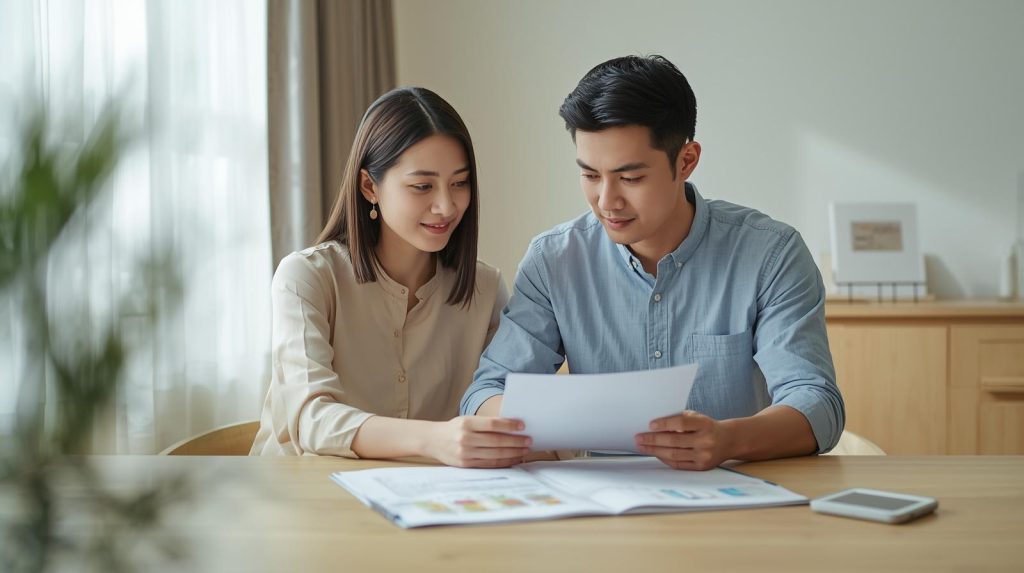 年輕家中伴侶在餐桌前一起閱讀保單與財務資料的情境，象徵保險基本功能包含保障、風險轉嫁、醫療補強與家庭財務規劃，是常見的家庭保險檢視與保障配置示意圖。
