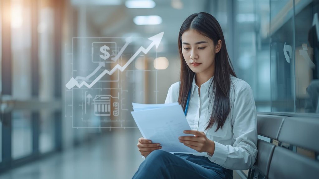 女性在現代辦公走廊閱讀文件，畫面中呈現保險保障與資金累積的財務圖示，象徵保險的四大金融功能：保障、風險轉嫁、資金累積與資產傳承的專業示意情境。