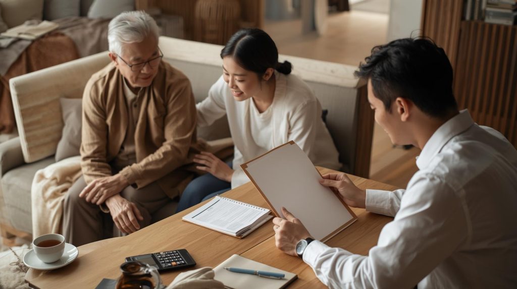 年輕家屬陪同長者與專業顧問在客廳討論文件與財務規劃，桌上擺有保單資料與計算機，呈現壽險預留稅源在法規審視、受益人設定與資金規劃上的實務諮詢情境，強調家族傳承與稅務配置的重要性。